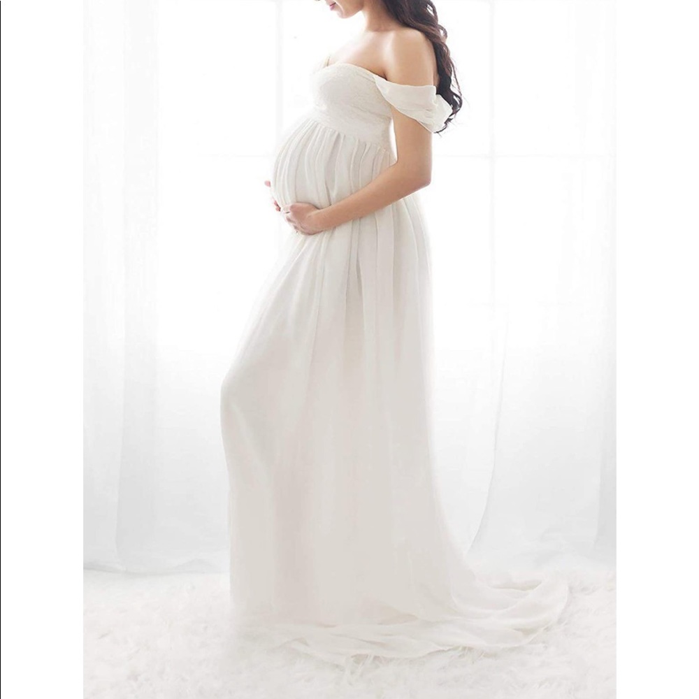 Size S 🤍 Maternity Dress Off Shoulder Chiffon Split Front Maxi for photoshoot.
